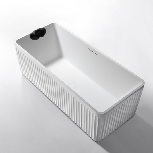 Contemporary Ribbed Solid Surface Bathtub – Rectangular Freestanding Design with Headrest