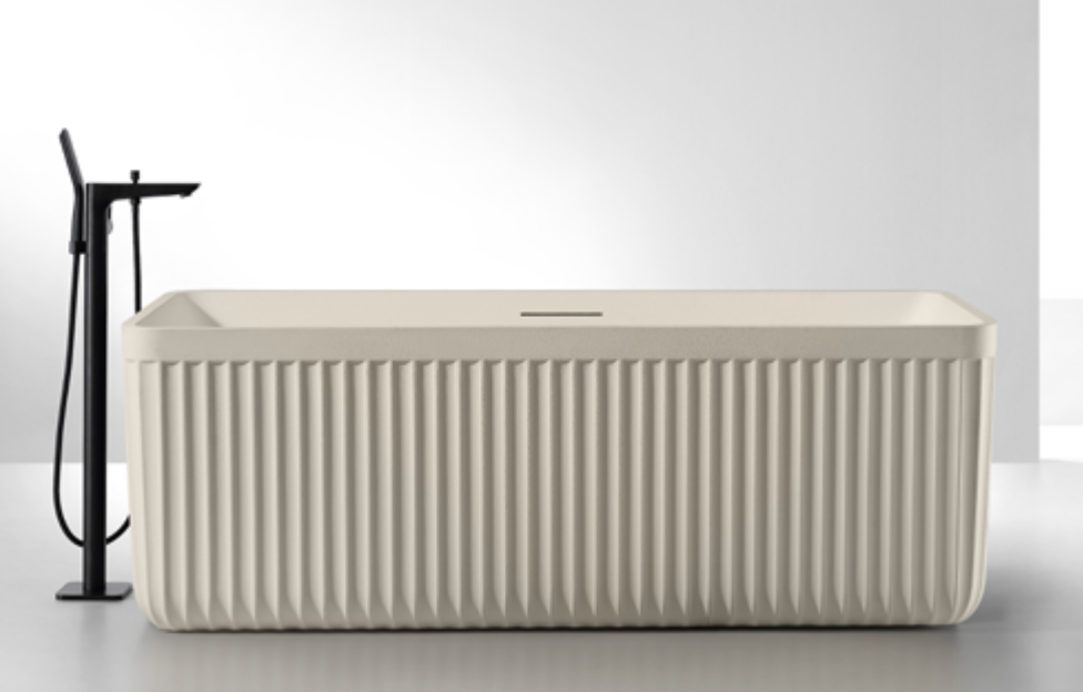 Contemporary Ribbed Solid Surface Bathtub – Rectangular Freestanding Design with Headrest